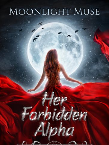 Woman in red dress under full moon with birds flying by.