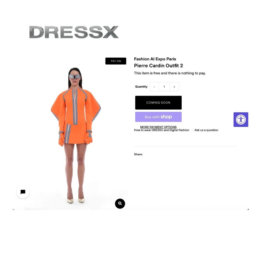 Model showcasing a futuristic orange Pierre Cardin outfit on DRESSX platform.