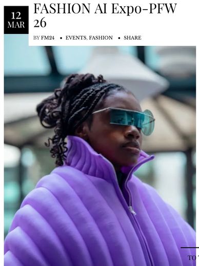 Model wearing futuristic purple fashion and blue visor sunglasses.