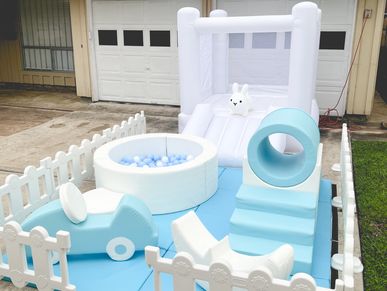 This image depicts a play area set up for a child’s birthday party