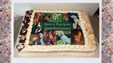 Retirement cake decorated with dog pictures and paw prints.