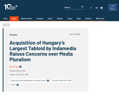 Alerte sur l'acquisition d'un tabloïd hongrois par Indamedia et ses impacts sur le pluralisme médiatique.