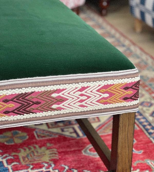 Bespoke made oak Ottoman frame, Upholstered in Rose Uniacke and mulberry   Edging