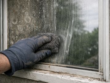 Image of heavy build up removal and polishing of glass for residential restoration cleaning
