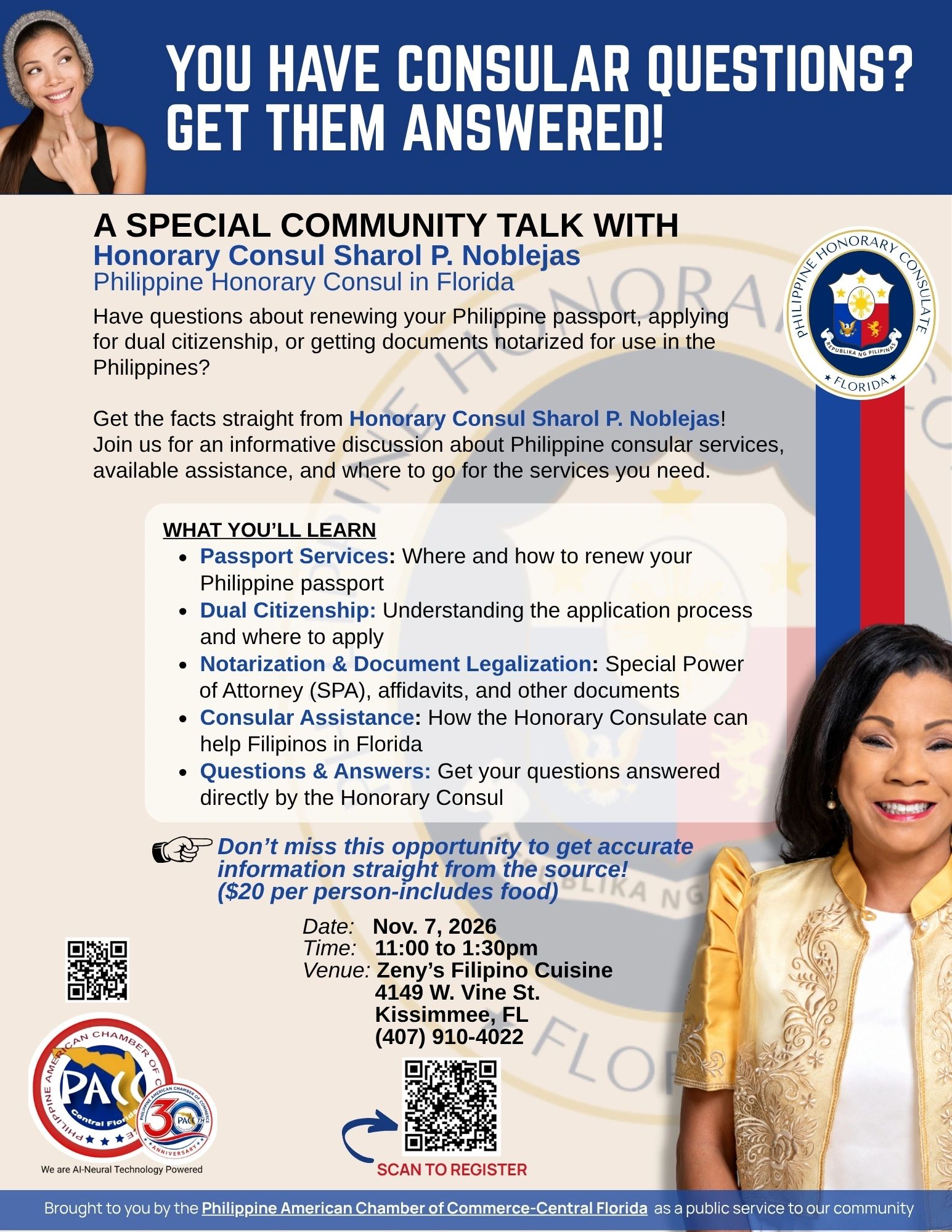 Community talk on Philippine consular services with Honorary Consul Sharol P. Noblejas.