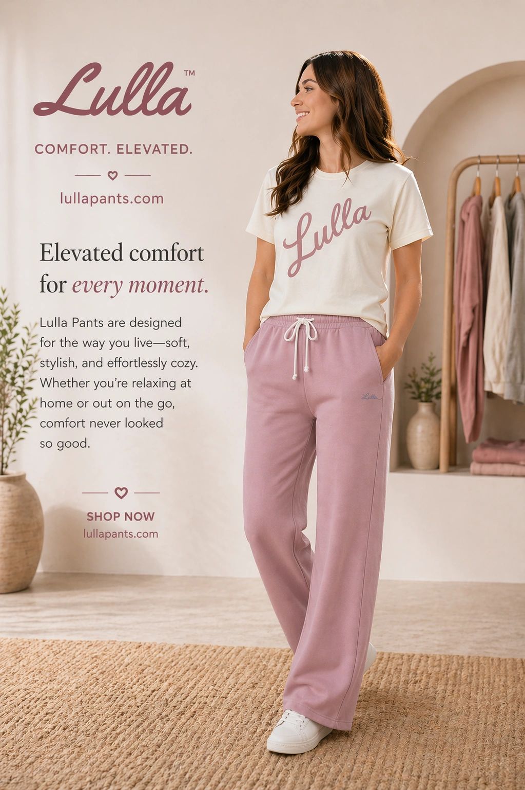 Woman modeling comfortable Lulla Pants and T-shirt indoors, promoting cozy and stylish loungewear.