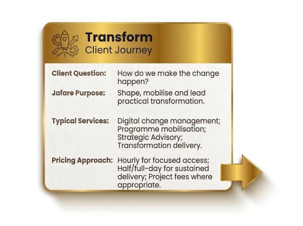 Overview of the Transform Client Journey with purpose and services.