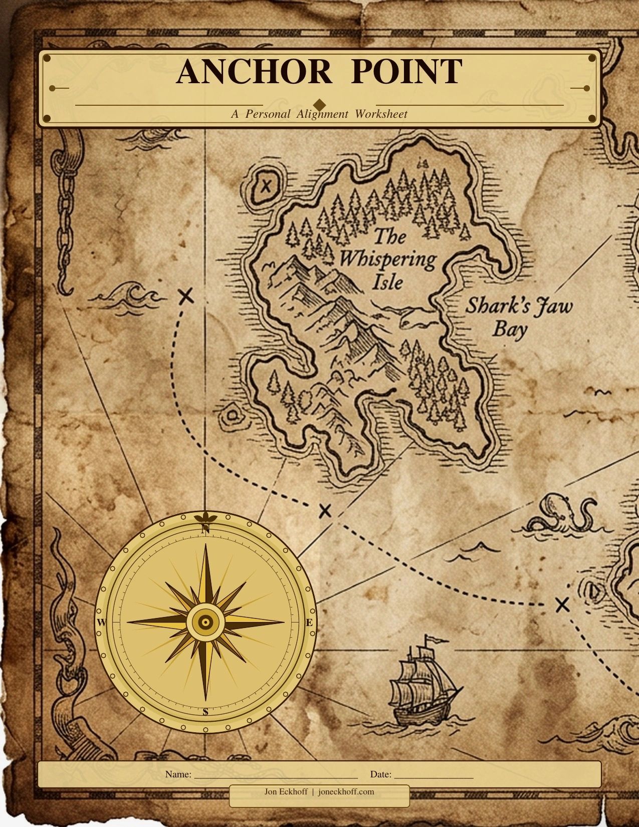 Vintage treasure map with compass and island illustration.