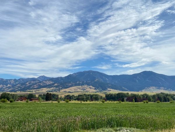 A picturesque landscape featuring mountains, trees, and a clear blue sky.