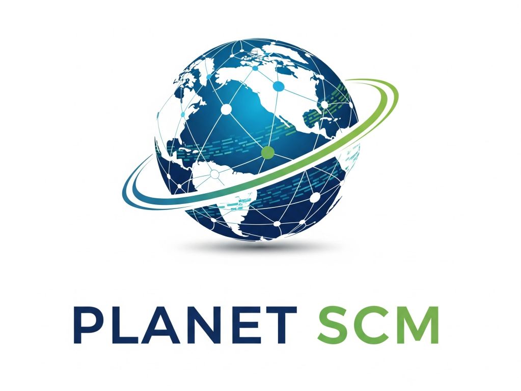 Logotipo de Planet SCM con un globo terrestre y conexiones.