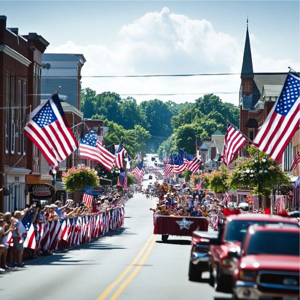Street parade with American flags and crowds.