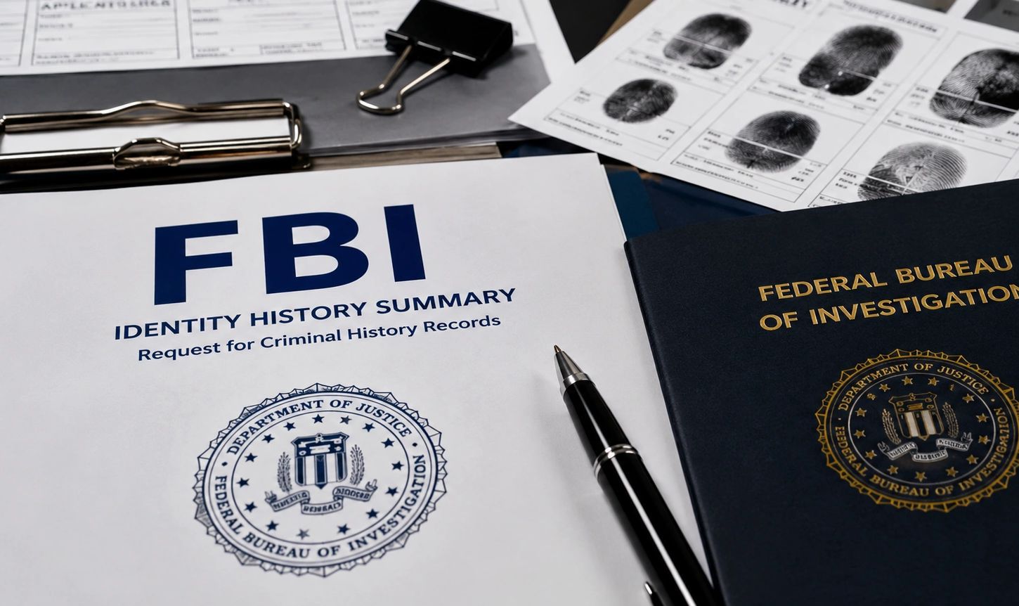 FBI identity history summary and investigation documents with pen and fingerprint records.
