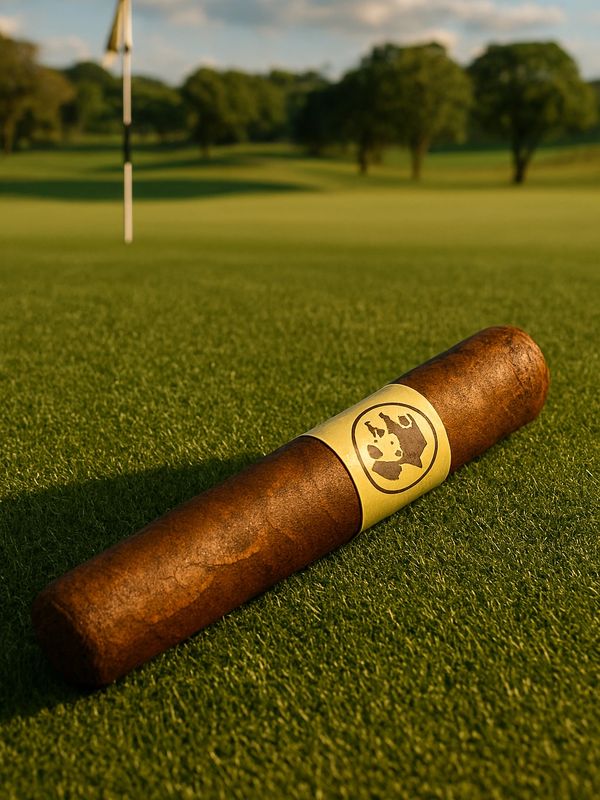 A cigar resting on a golf course green near the hole flag.