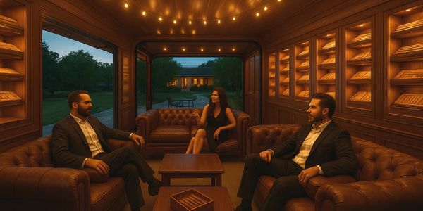 Three people in suits and a dress sit in a luxurious cigar lounge with wooden interiors and leather sofas.