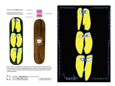 Skateboard deck with surreal yellow face design and specs.