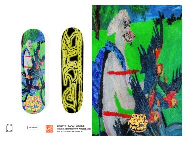 Colorful skateboard deck featuring abstract animal artwork.