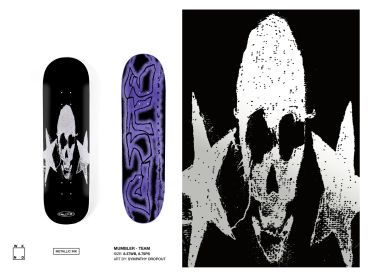 Skateboard design featuring a skull and star motif.