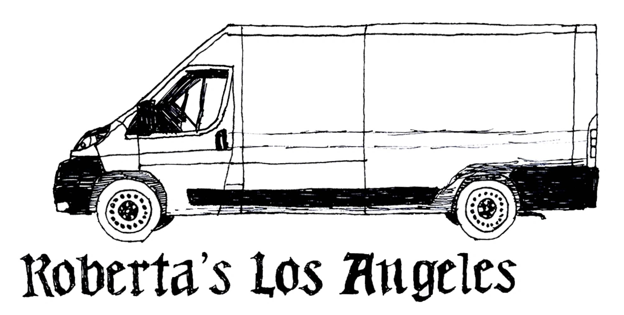 Black and white drawing of a van with text.