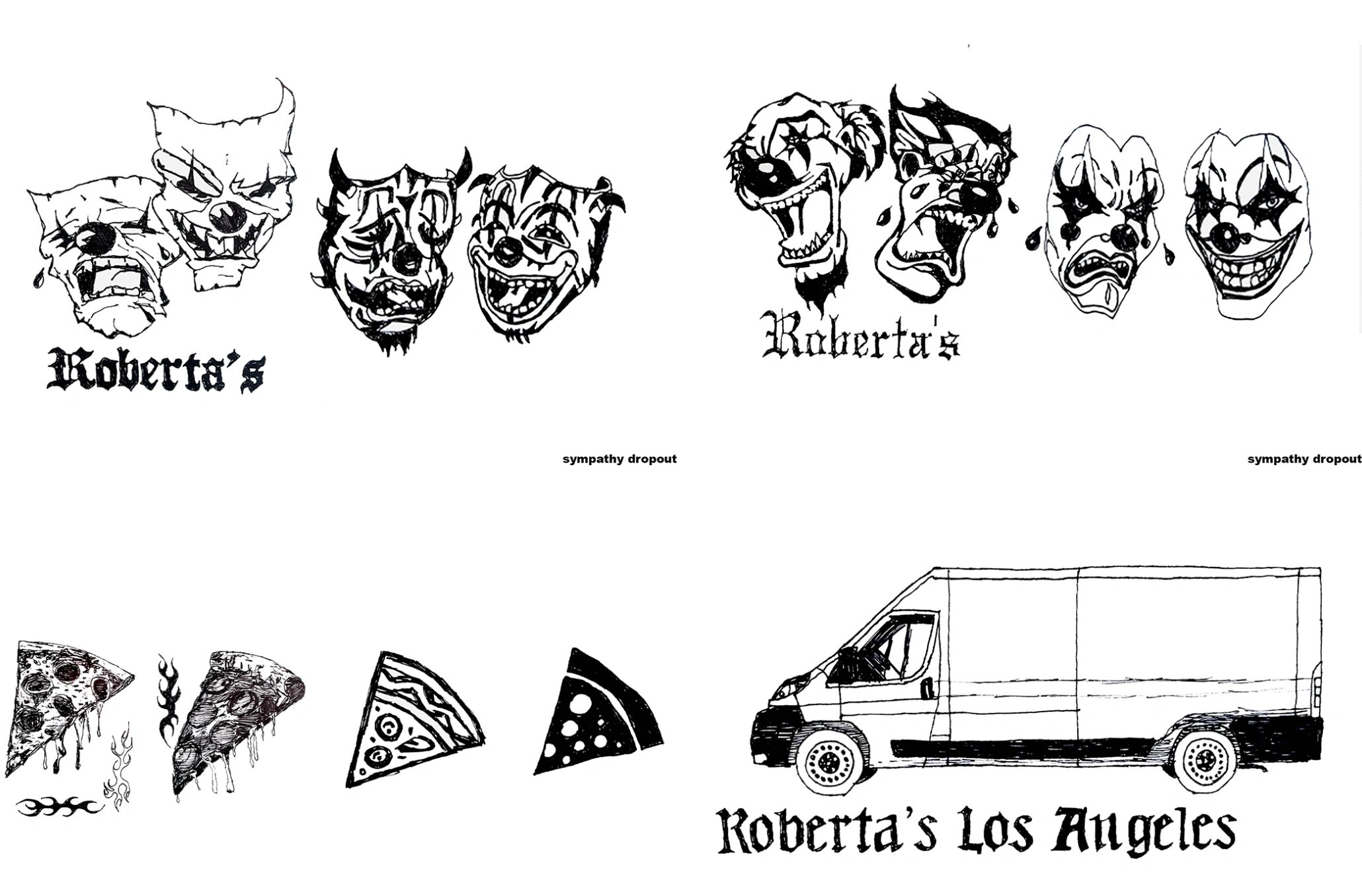 Black and white illustrations of clowns, pizzas, and a delivery van with the text "Roberta's" and "Roberta's Los Angeles".