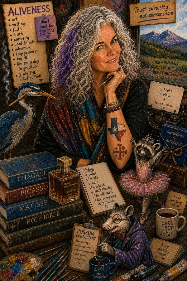 Colorful portrait of a woman with inspiring notes and animals around her.