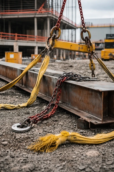 Steel beam with failed rigging slings and chains following a lifting incident at a construction site