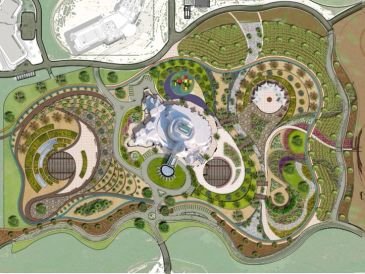 Aerial view of a park with pathways and circular garden plots.