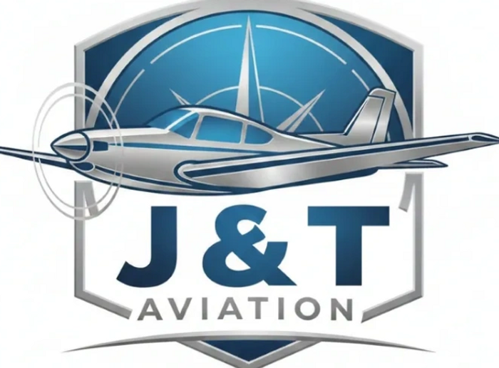 Logo of J&T Aviation with a propeller airplane and compass background.