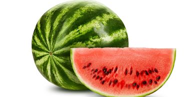 A whole watermelon and a juicy watermelon slice with seeds.