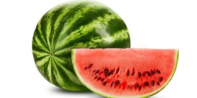 A whole watermelon and a juicy watermelon slice with seeds.