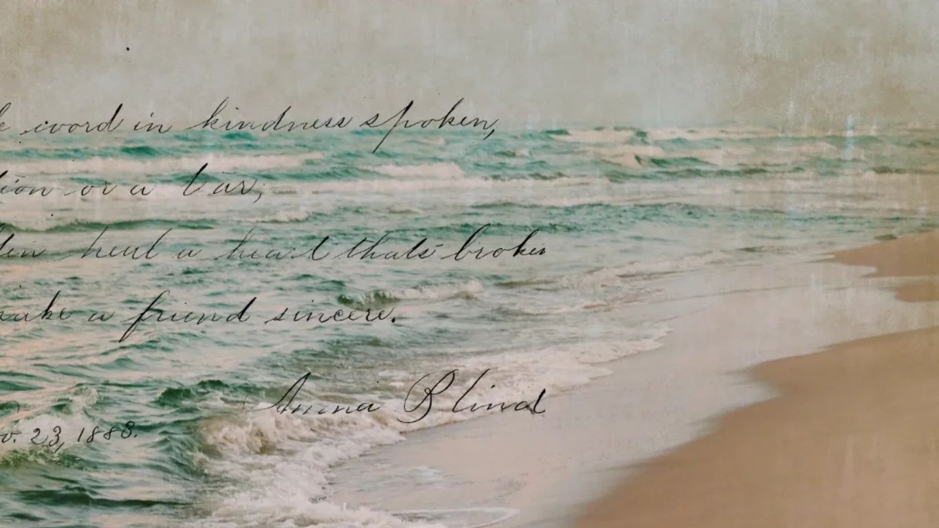 Handwritten poem overlaid on a serene beach scene with waves and sand.