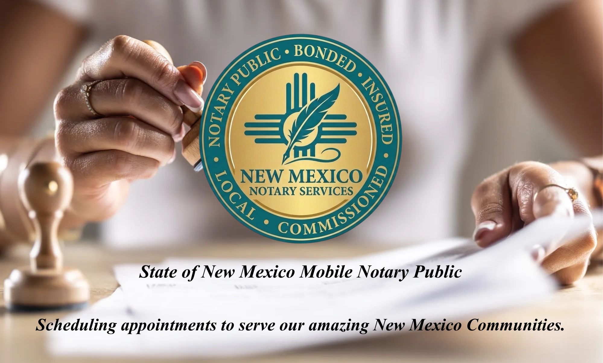 Hands holding a stamp and paper, promoting New Mexico mobile notary services.