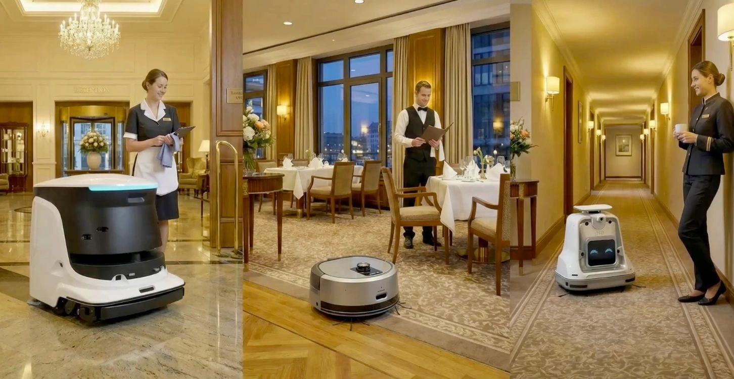 Three different robots assist hotel staff in cleaning and service tasks.