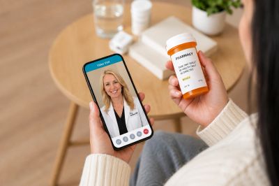 Person video chatting with a doctor while holding a prescription bottle.