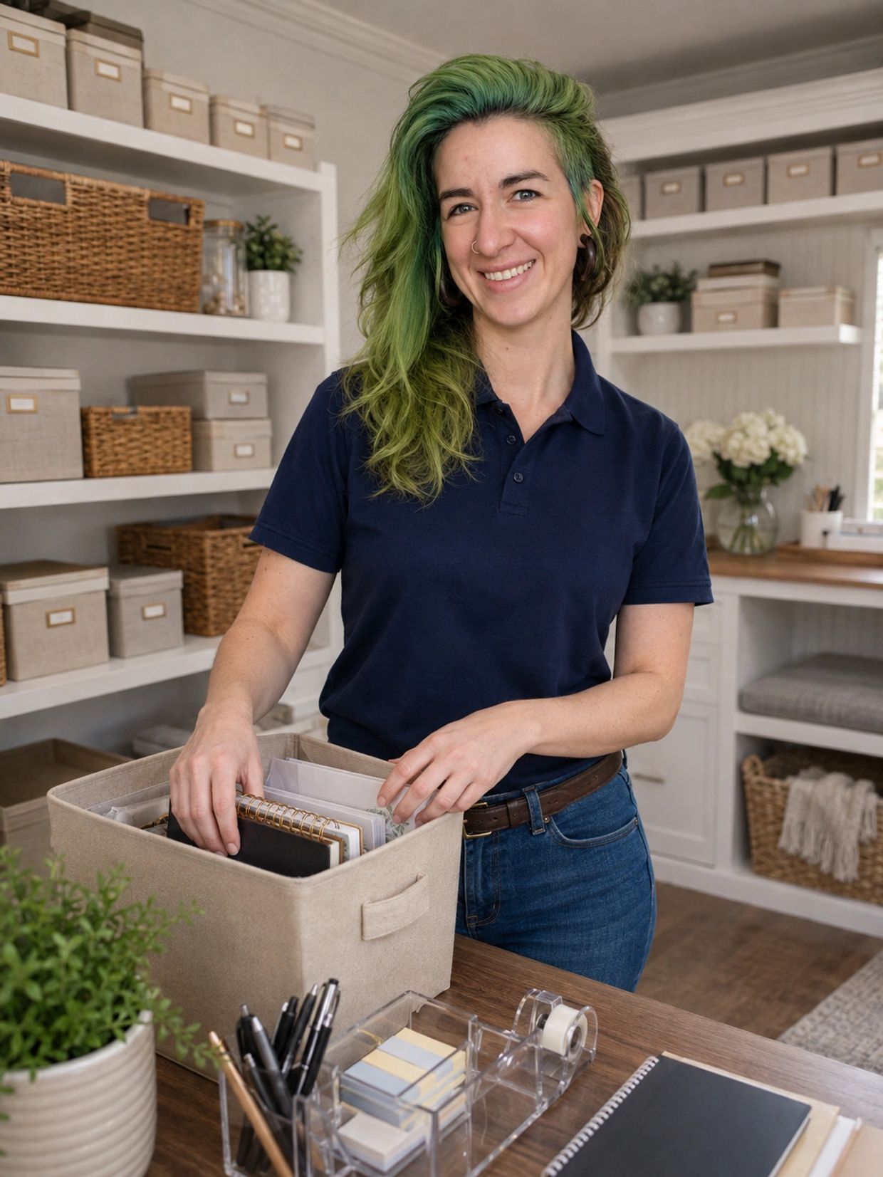 Smiling woman organizing items in a beige storage box.
