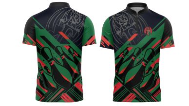 Front and back view of a green, black, and red sports jersey with abstract patterns.