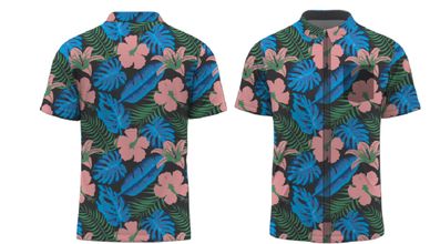 A colorful tropical floral shirt with blue, pink, and green patterns.