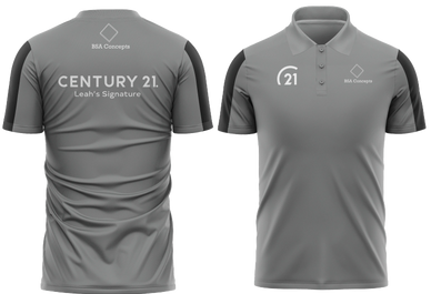 Gray polo shirt with Century 21 branding and BSA Concepts logo on front and back.