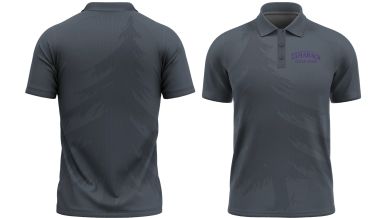 Front and back views of a dark gray polo shirt with subtle patterns.