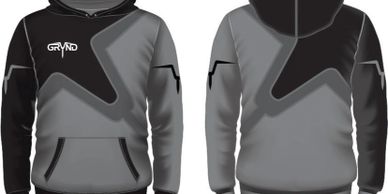 Front and back views of a gray and black hoodie with a star design and logo.