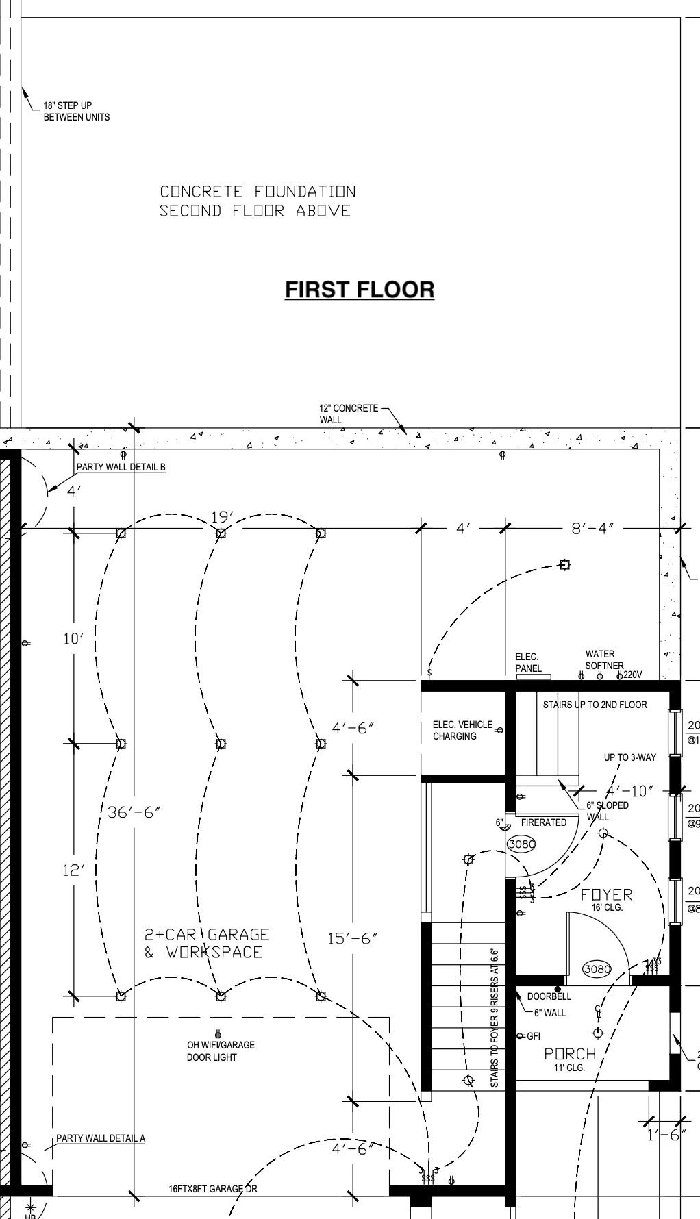 Architectural floor plan showing a 2-car garage, foyer, porch, and staircases.