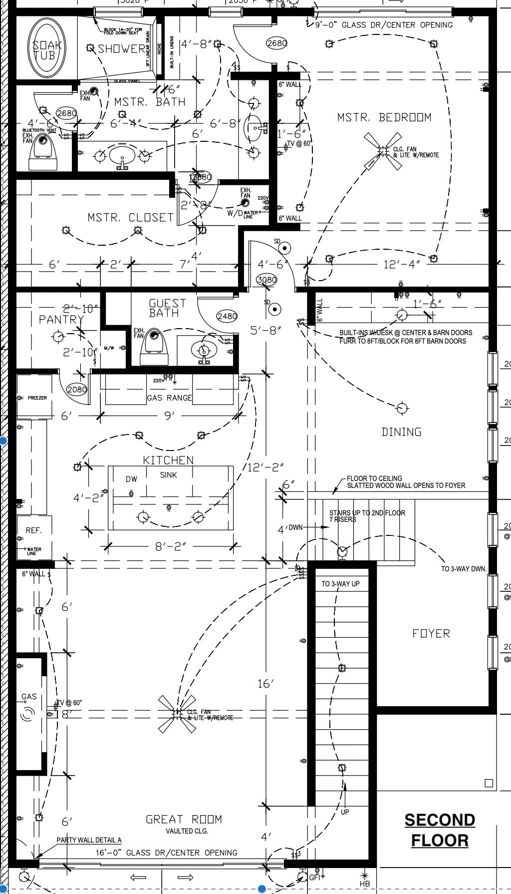 Architectural floor plan showing master bedroom, kitchen, dining, great room, and bathrooms.
