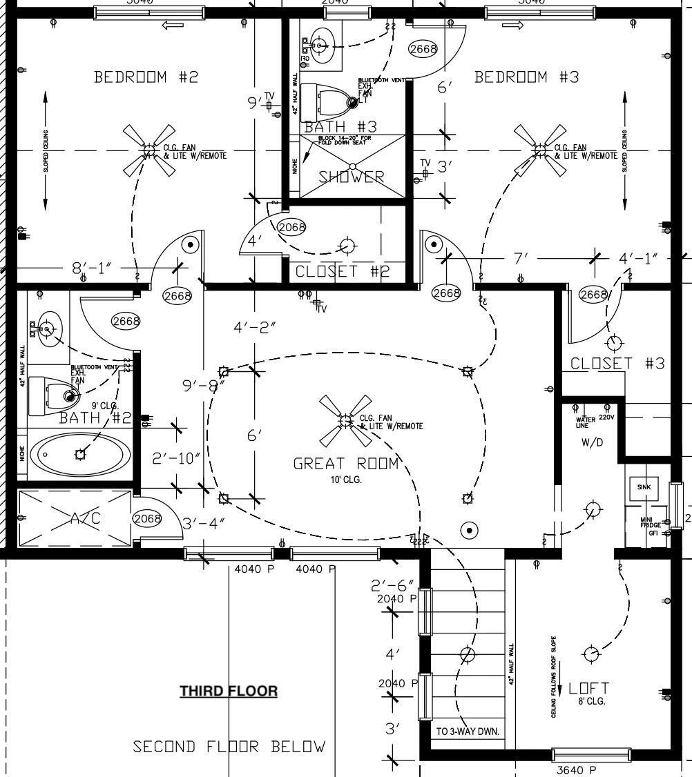 Architectural floor plan of the third floor showing bedrooms, bathrooms, great room, and loft.