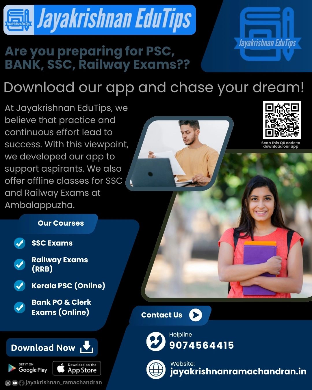 Advertisement for Jayakrishnan EduTips app for PSC, Bank, SSC, and Railway exam preparation with online and offline courses.
