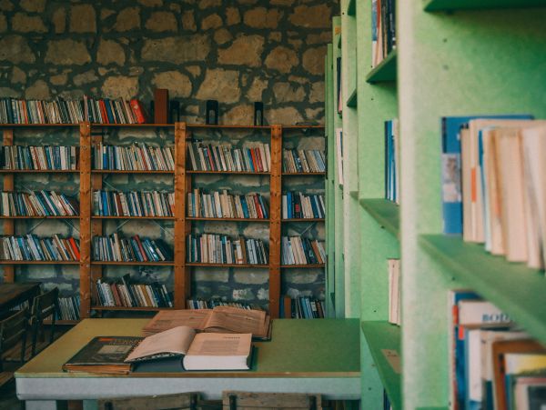 Cozy library with bookshelves and open books on a table.