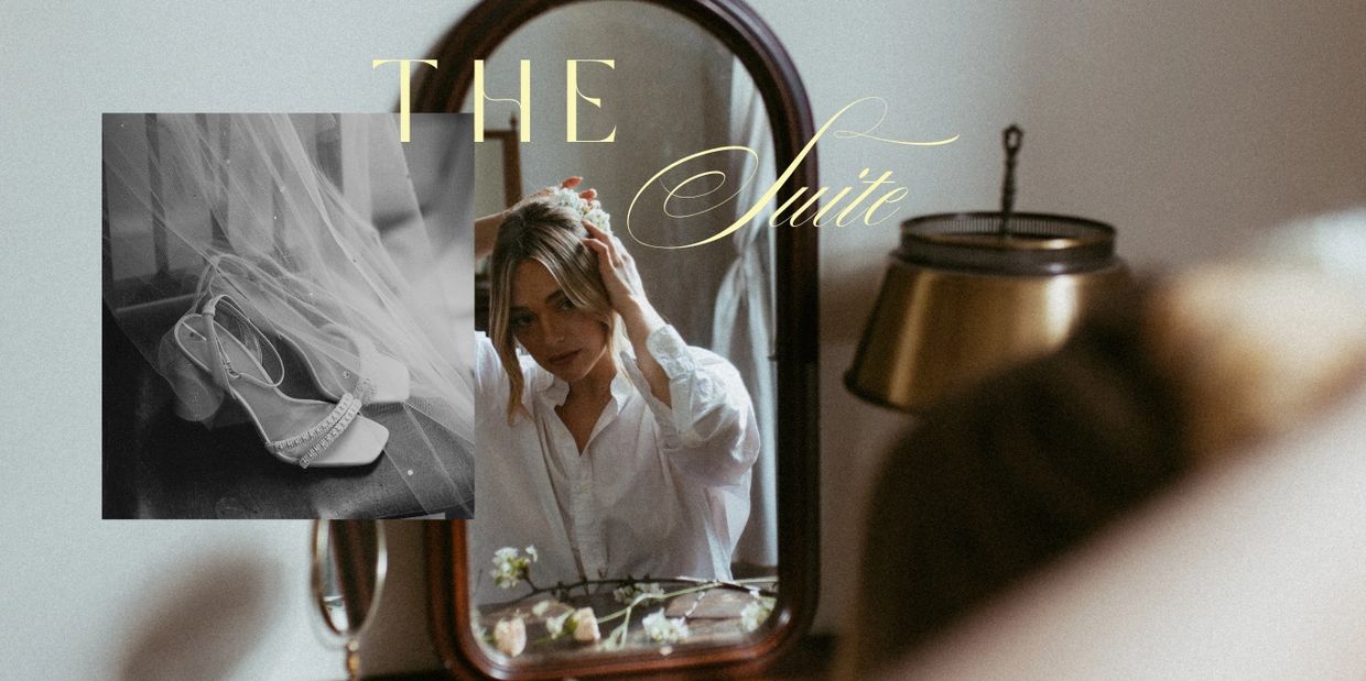Bride-to-be adjusting her hair in a mirror with wedding shoes and "The Suite" text visible.