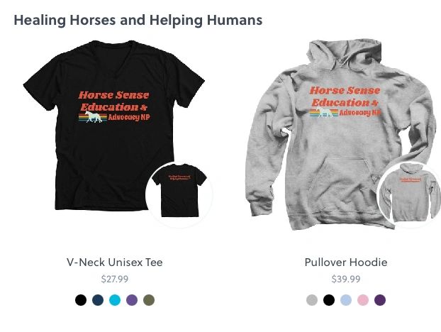 Apparel collection featuring Horse Sense Education &amp; Advocacy NP logo on various clothing items.
