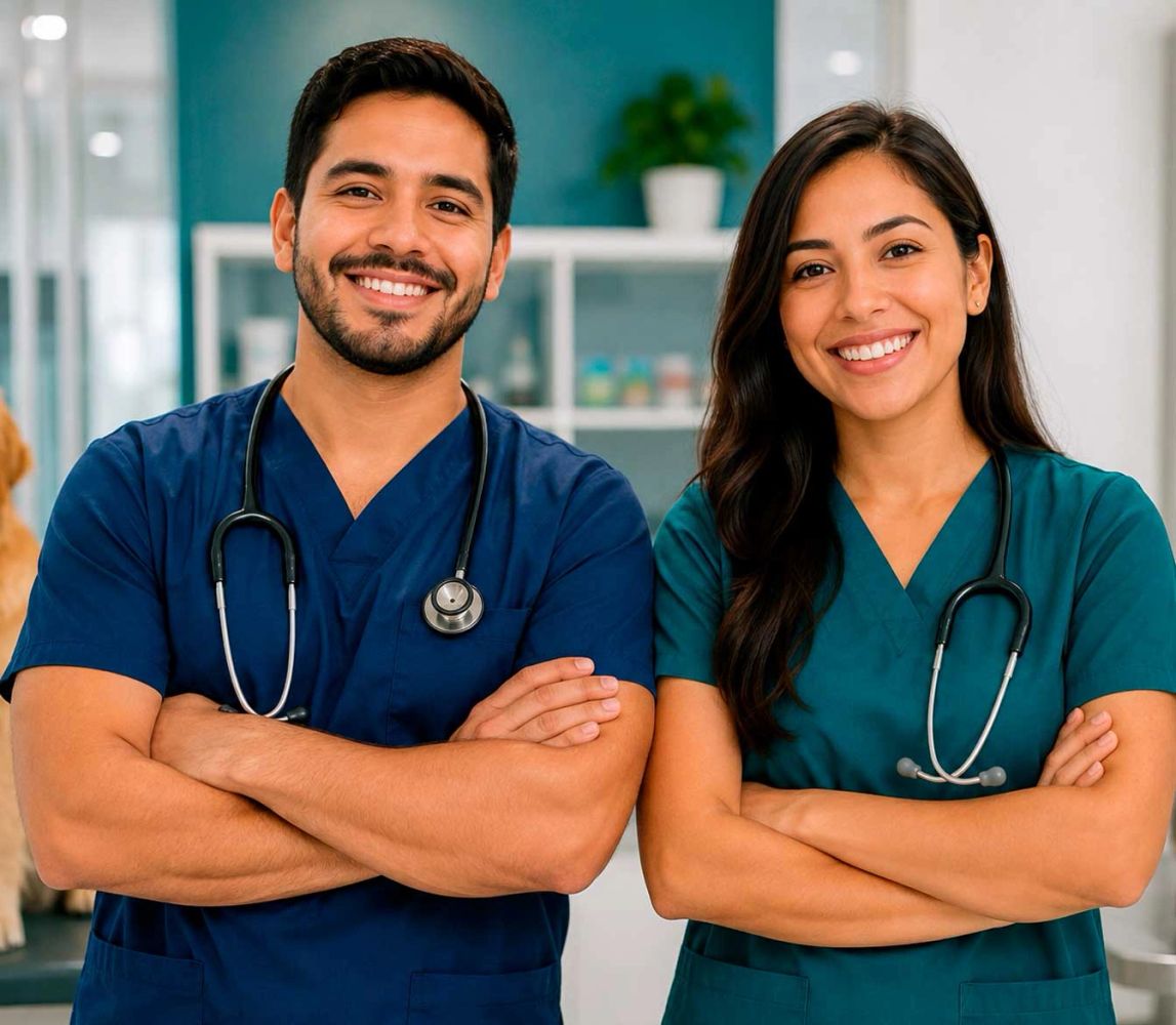 Dos veterinarios sonriendo cruzados de brazos - BuscoVet