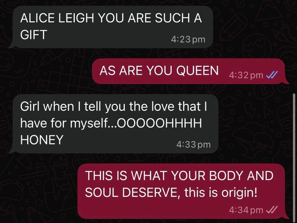Text exchange celebrating self-love and mutual appreciation between two friends.