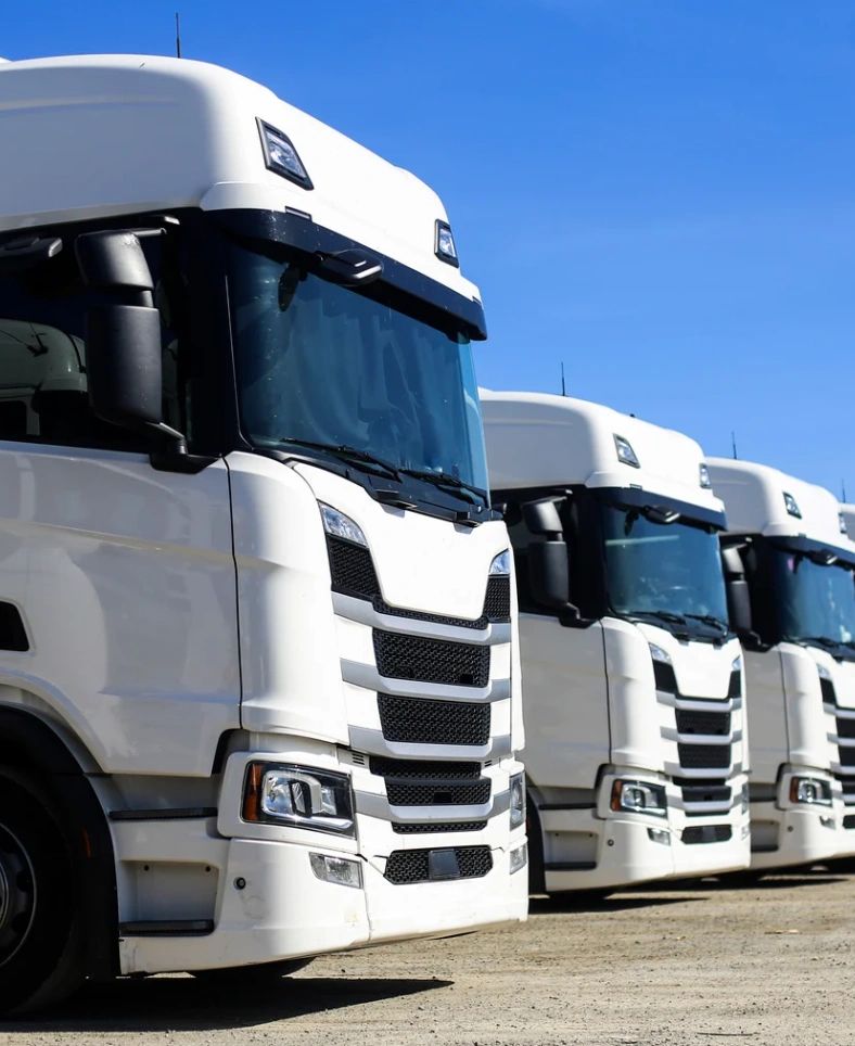 A lineup of modern white trucks parked under a clear blue sky.