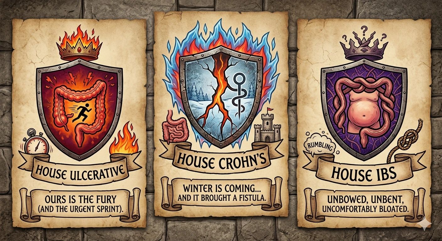 Three crests symbolizing digestive diseases: Ulcerative Colitis, Crohn's, and IBS.